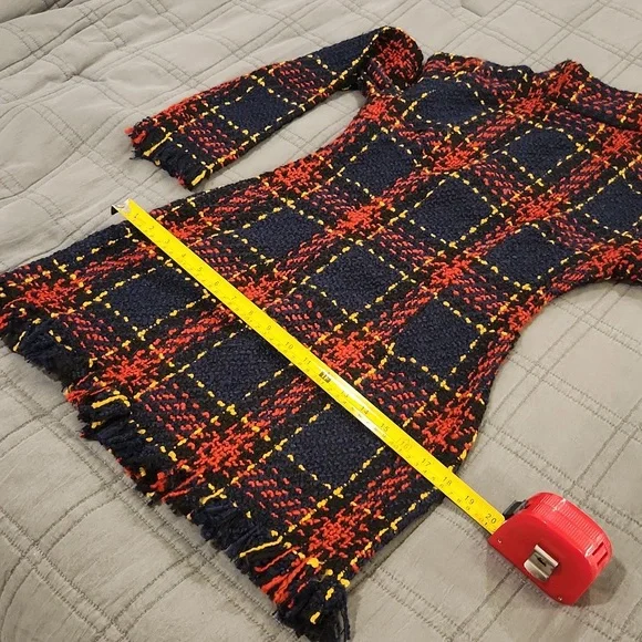 CBR Long Sleeve Plaid Dress - Red, Black, Blue And Yellow With Fringe Hem Sz S! - Picture 11 of 13